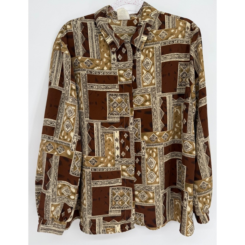 Nikki Vintage Brown Geometric Patchwork Button Up Blouse Womens Style Sz 18